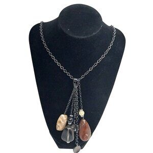 Cookie Lee Necklace W/ Brown & Cream Stone Charms Gunmetal Chain Chunky 38" Long